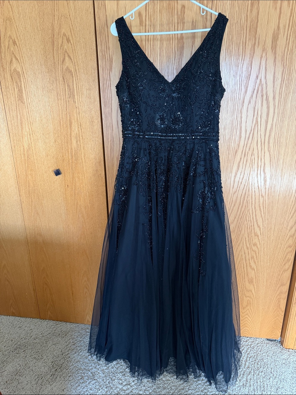 Shail K Black V-Neck Beaded Tulle Evening Dress. Size 18.